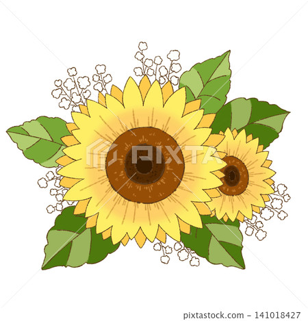 A small illustration of a sunflower flower and leaves (facing left) A small illustration of a sunflower flower and leaves (facing left) 141018427