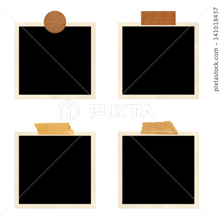Set of four frame photos with adhesive tape stripes. Pictures album grid for scrapbooking. Vintage style mood board layout. Isolated on white background. Copy space for your text and photo Set of four frame photos with adhesive tape stripes. Pictures album grid for scrapbooking. Vintage style mood board layout. Isolated on white background. Copy space for your text and photo 141018437