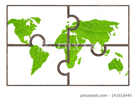 Earth day. World map silhouette made of green leaves in puzzle-shaped frame. Ecological resource, Eco-friendly, go green, Green Energy, environment, Ecology, zero waste concept. Isolated on white Earth day. World map silhouette made of green leaves in puzzle-shaped frame. Ecological resource, Eco-friendly, go green, Green Energy, environment, Ecology, zero waste concept. Isolated on white 141018445