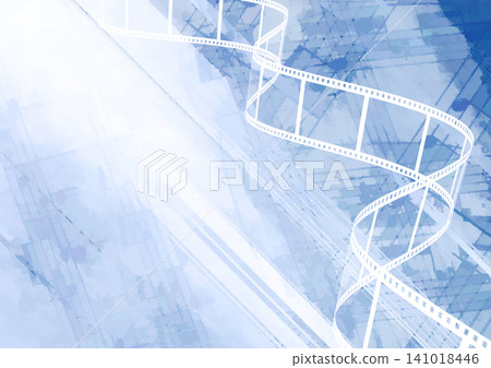 Grunge background with old paper texture and filmstrip. Horizontal or vertical retro banner with film reel. Vintage backdrop with filmstrips. Retro cinema wallpaper with film reel. Copy space for text 141018446