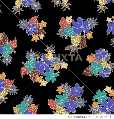 Hibiscus and pineapple textile pattern, Hibiscus and pineapple textile pattern, 141018501