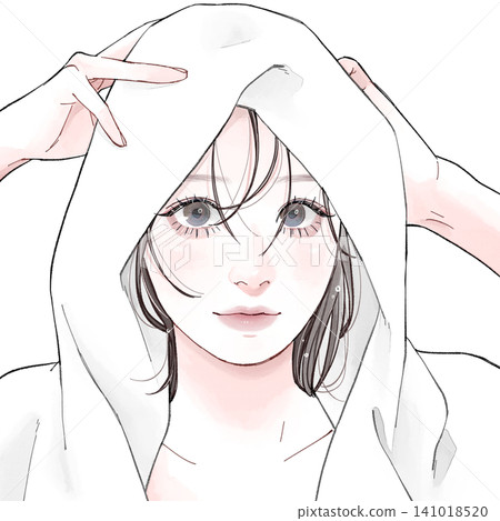 A woman drying her hair with a bath towel. A woman drying her hair with a bath towel. 141018520
