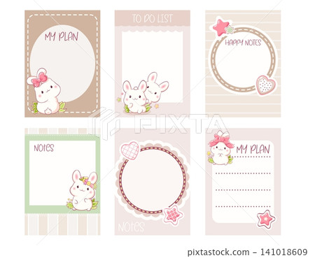 Kawaii bunny planner, notepad template collection. Cute vector set of daily agendas, to-do list, checklist, notes, sticker template. Perfect for stationery design, bullet journal, printable organizer Kawaii bunny planner, notepad template collection. Cute vector set of daily agendas, to-do list, checklist, notes, sticker template. Perfect for stationery design, bullet journal, printable organizer 141018609