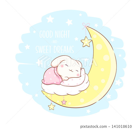 Cute baby bunny sleep on moon. Inscription Good night and sweet dreams. Vector Cartoon little rabbit on crescent. Can be used for for childish t-shirt prints, nursery poster, baby shower greeting card Cute baby bunny sleep on moon. Inscription Good night and sweet dreams. Vector Cartoon little rabbit on crescent. Can be used for for childish t-shirt prints, nursery poster, baby shower greeting card 141018610