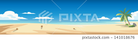 Beautiful horizontal vector banner of a peaceful tropical beach. It features golden sands, calm turquoise ocean waters, and a solitary green palm tree under a vast clear blue sky. 141018676