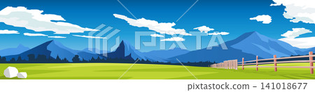 Wide horizontal vector landscape illustration showcasing a lush green meadow with a rustic wooden fence. Distant blue mountain ranges stand beautifully beneath a bright sky filled with clouds. Wide horizontal vector landscape illustration showcasing a lush green meadow with a rustic wooden fence. Distant blue mountain ranges stand beautifully beneath a bright sky filled with clouds. 141018677