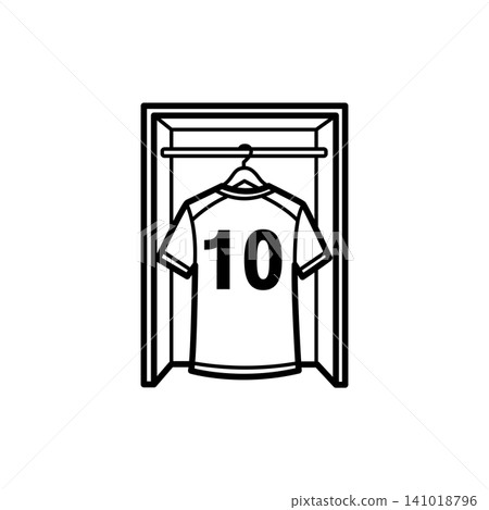 Minimal outline icon of a sports team uniform jersey shirt hanging inside a stadium dressing locker room wardrobe. 141018796