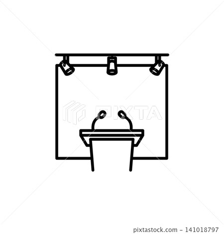 Minimal outline icon of a sports media press conference room setup featuring a podium tribune with microphones and backdrop screen. Minimal outline icon of a sports media press conference room setup featuring a podium tribune with microphones and backdrop screen. 141018797