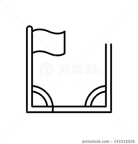 Minimal outline icon representing a football stadium field pitch corner kick area with a flag setup. Minimal outline icon representing a football stadium field pitch corner kick area with a flag setup. 141018826