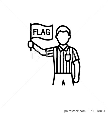 Minimal outline icon of a football assistant referee linesman holding and raising an offside flag during a soccer match. Minimal outline icon of a football assistant referee linesman holding and raising an offside flag during a soccer match. 141018831