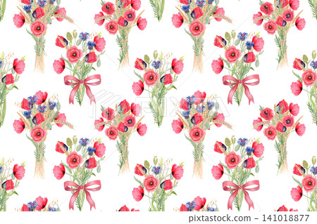Poppy bouquets, red bows seamless watercolor floral pattern on white background. Hand painted romantic composition, perfect for feminine packaging, textile design, gift wrapping, wedding stationery Poppy bouquets, red bows seamless watercolor floral pattern on white background. Hand painted romantic composition, perfect for feminine packaging, textile design, gift wrapping, wedding stationery 141018877