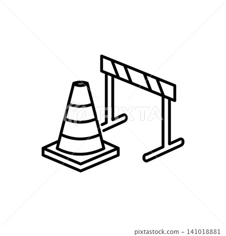 Minimal outline icon of a sports training cone and agility hurdle barrier for soccer player fitness practice. 141018881