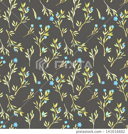 Forget-me-not watercolor seamless pattern on charcoal gray background. Airy botanical design, hand painted in soft tones, perfect for textile, packaging, wedding stationery and minimalist branding 141018882