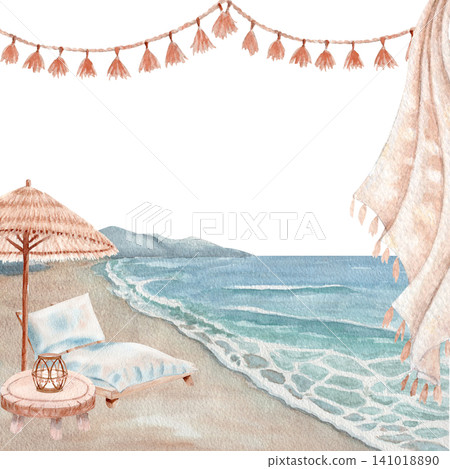 Watercolor beach frame sea waves, sandy shore, sun lounger, straw umbrella, table, lantern, boho tassel garland. Summer coastal border, copy space perfect for invitations, branding, travel designs Watercolor beach frame sea waves, sandy shore, sun lounger, straw umbrella, table, lantern, boho tassel garland. Summer coastal border, copy space perfect for invitations, branding, travel designs 141018890