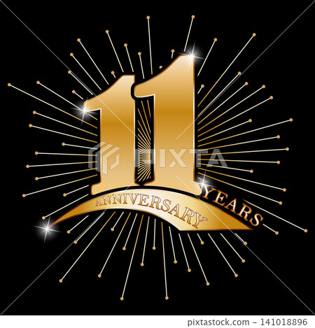 11 years anniversary. Golden stylized congratulation in the rays of fireworks and reflections. Idea for a banner, badge or label. Sticker for a festive gift 11 years anniversary. Golden stylized congratulation in the rays of fireworks and reflections. Idea for a banner, badge or label. Sticker for a festive gift 141018896