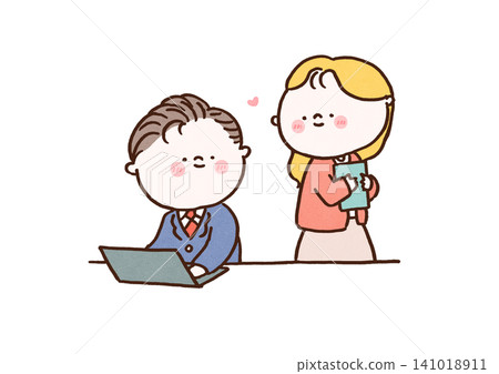 A man and a woman blush as they become aware of each other in the office (office romance, mutual feelings) A man and a woman blush as they become aware of each other in the office (office romance, mutual feelings) 141018911
