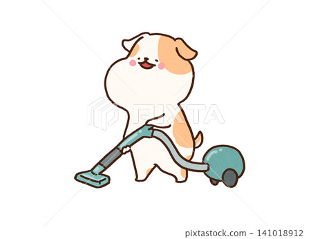 A dog with a cheerful smile is vacuuming and cleaning the room (housework/cleaning). A dog with a cheerful smile is vacuuming and cleaning the room (housework/cleaning). 141018912
