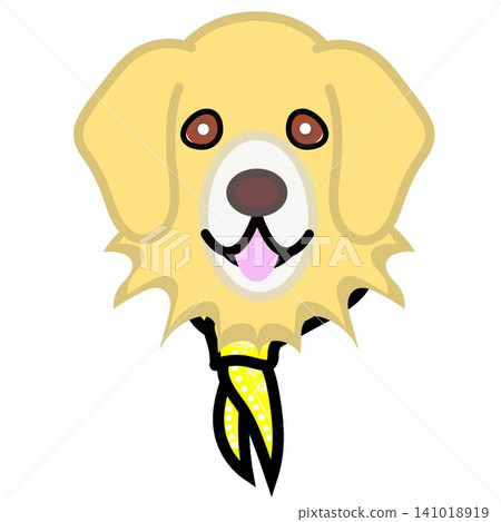 An illustration of a golden retriever's face wearing a bandana. 141018919