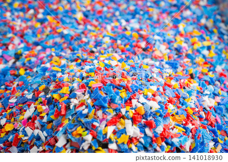 Plastic colorful pieces recycling shredded for industrial use. 141018930