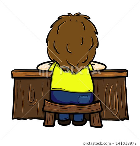 Boy sitting at desk with head resting on crossed arms back view cartoon illustration 141018972