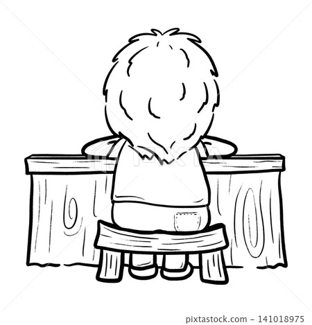 Boy sitting at desk with head resting on crossed arms back view cartoon outline illustration Boy sitting at desk with head resting on crossed arms back view cartoon outline illustration 141018975