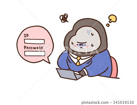 一隻大猩猩忘記了自己的使用者名稱和密碼（無法登入），在筆記型電腦前驚慌失措。 141019110