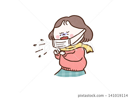 A woman in a knitted sweater sneezing under her mask (due to a cold or seasonal change). A woman in a knitted sweater sneezing under her mask (due to a cold or seasonal change). 141019114