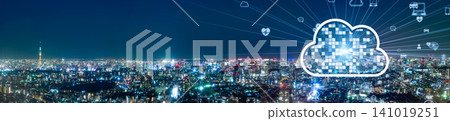 現代城市與雲端網路。數位轉型、人工智慧、系統、軟體即服務、應用程式、數據、物聯網、橫幅廣告、廣告。 現代城市與雲端網路。數位轉型、人工智慧、系統、軟體即服務、應用程式、數據、物聯網、橫幅廣告、廣告。 141019251