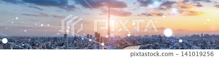 Modern cities and communication networks. DX, society, web, future, cyber, outlook, data, cloud, banner, advertising 141019256