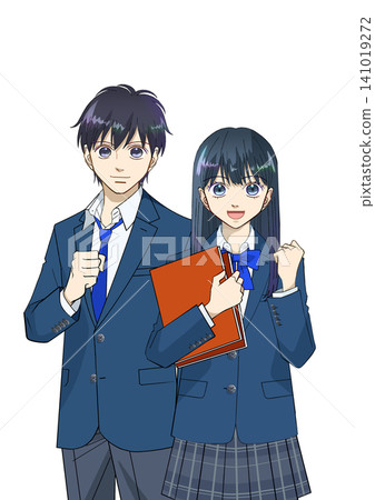 Anime-style illustration of smiling high school or junior high school students, male and female, white background Anime-style illustration of smiling high school or junior high school students, male and female, white background 141019272