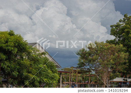 Storm cloud over house and tree tropical sky dark weather suburban landscape green foliage outdoor scene cloudy sky residential area natural light Storm cloud over house and tree tropical sky dark weather suburban landscape green foliage outdoor scene cloudy sky residential area natural light 141019294