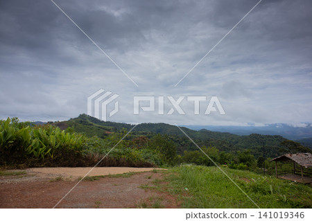 Misty mountain landscape cloudy sky green hill tropical forest rural path grass field natural scenery overcast weather valley view wooden shelter Misty mountain landscape cloudy sky green hill tropical forest rural path grass field natural scenery overcast weather valley view wooden shelter 141019346
