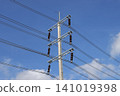 Power line tower electric pole overhead wire blue sky utility pole insulator cable transmission line electrical grid cloud 141019398