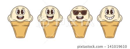 Funny Ice Cream Cone With Emotions Retro Cartoon Character Vector Illustration Set Funny Ice Cream Cone With Emotions Retro Cartoon Character Vector Illustration Set 141019610