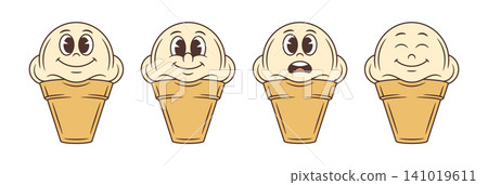 Cute Ice Cream Cone With Different Emotions Cartoon Character Vector Illustration Set Cute Ice Cream Cone With Different Emotions Cartoon Character Vector Illustration Set 141019611
