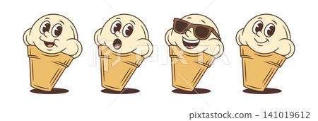Set Of Four Funny Ice Cream Cartoon Character With Emotions Vector Illustration Set Of Four Funny Ice Cream Cartoon Character With Emotions Vector Illustration 141019612