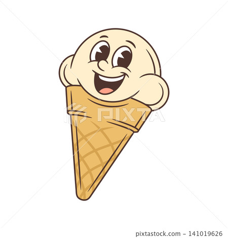 Joyful Ice Cream Cone With A Happy Smile Retro Cartoon Character Vector Illustration 141019626