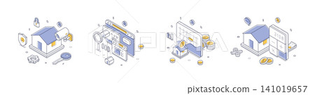 Home Security And Real Estate Financial Services Isometric Vector Illustration Set 141019657