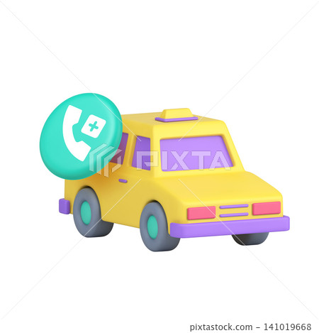 3d Realistic Icon Yellow Cartoon Car With Blue Phone Call Add Symbol 141019668