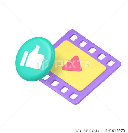 3d Realistic Icon Purple Video Play Button Frame With Blue Like Thumb Symbol 141019673