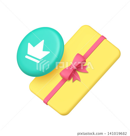 3d Realistic Icon Yellow Gift Card With Pink Bow And Blue Crown Symbol 3d Realistic Icon Yellow Gift Card With Pink Bow And Blue Crown Symbol 141019682