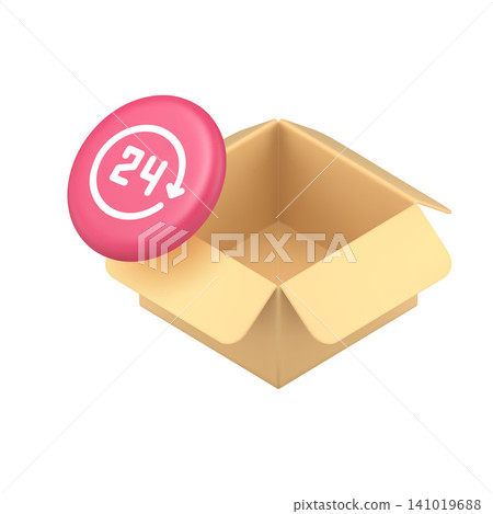 3d Realistic Icon Beige Open Cardboard Box With Pink 24 Hour Service Symbol 141019688
