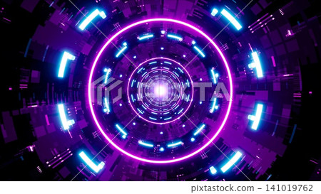 Shiny Neon Light in the Cyber Technology Tunnel 3D Rendering 141019762
