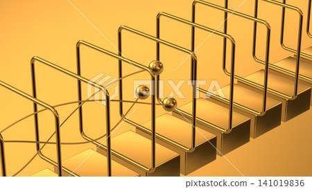 flying gold metal beads through the metallic structure 3D Rendering flying gold metal beads through the metallic structure 3D Rendering 141019836