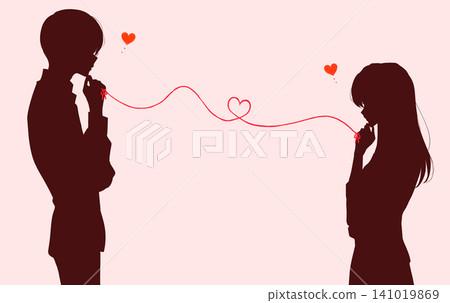 A man and a woman facing each other, bound together by the red thread of fate - knee-shot silhouette A man and a woman facing each other, bound together by the red thread of fate - knee-shot silhouette 141019869