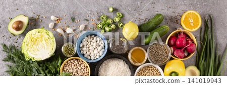 Healthy food banner fresh vegetables grains Healthy food banner fresh vegetables grains 141019943