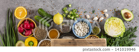 Rustic wooden banner surrounded healthy food Rustic wooden banner surrounded healthy food 141019946
