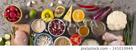 Protein food banner chicken vegetables ingredients Protein food banner chicken vegetables ingredients 141019949