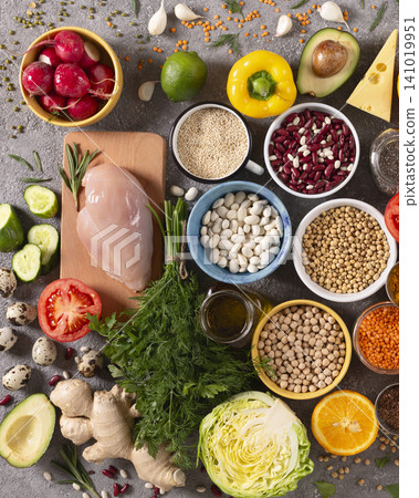 Protein rich ingredients healthy meal preparation Protein rich ingredients healthy meal preparation 141019951