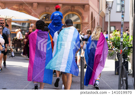 Participants wearing bisexual transgender pride flags 141019970